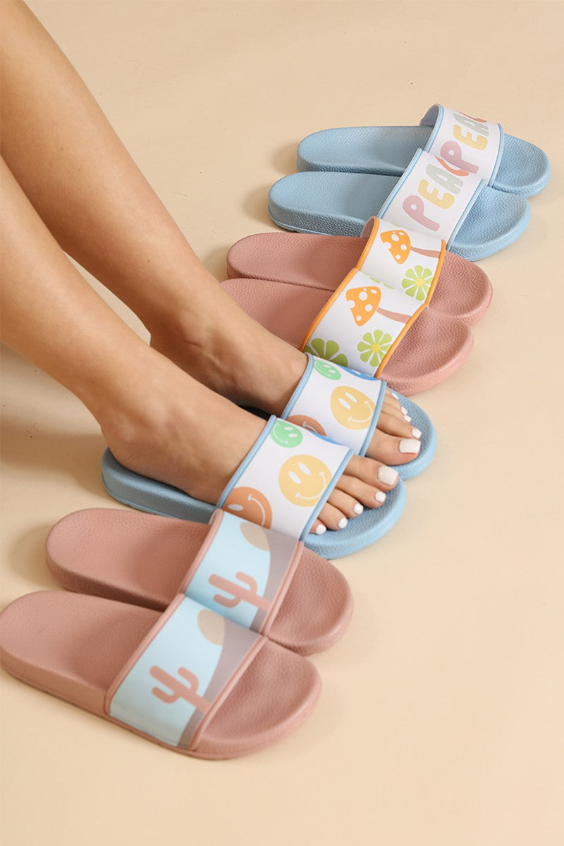 Person wearing Miss Sparkling novelty printed slides in various colors, showcasing designs and sizing options US36/37 to US42/43.