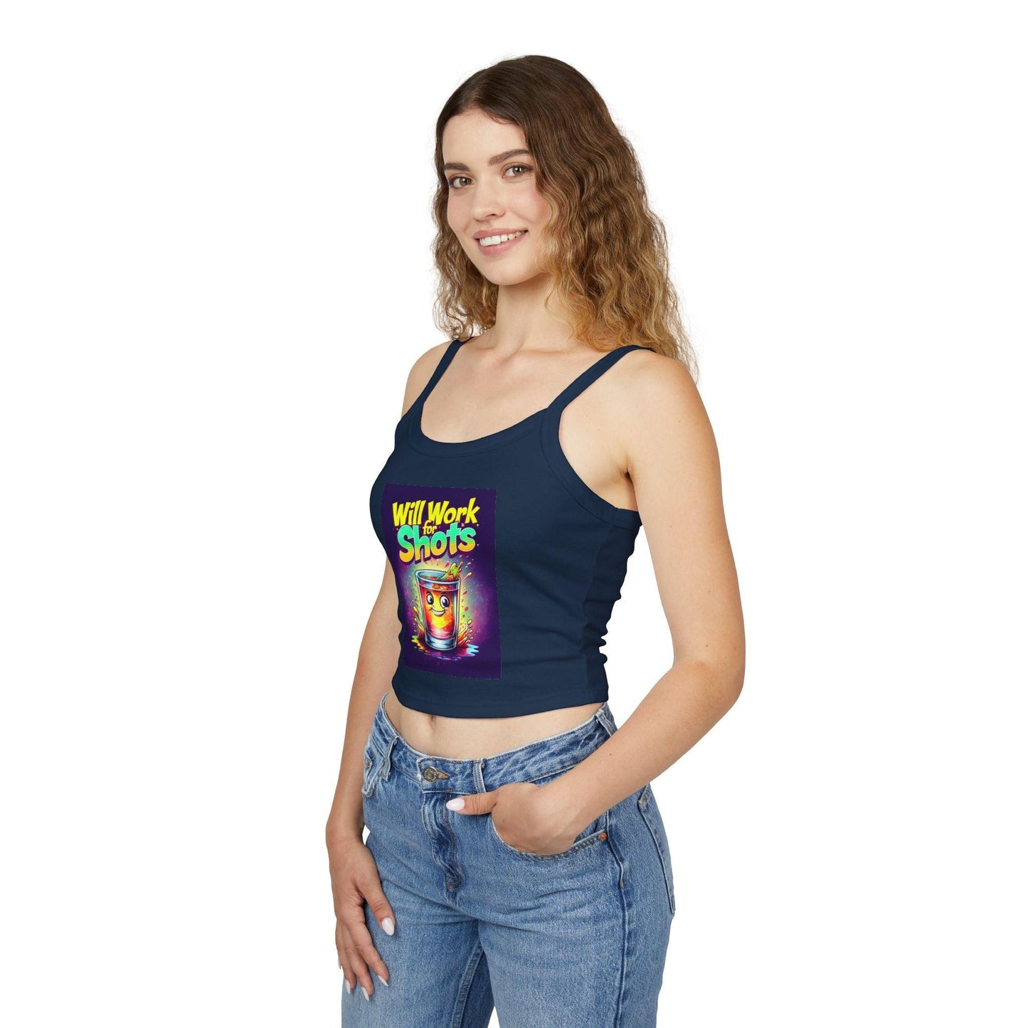 Model wearing a navy blue 'Will Work for Shots Womens Spaghetti Strap Tank Top' with colorful text design.