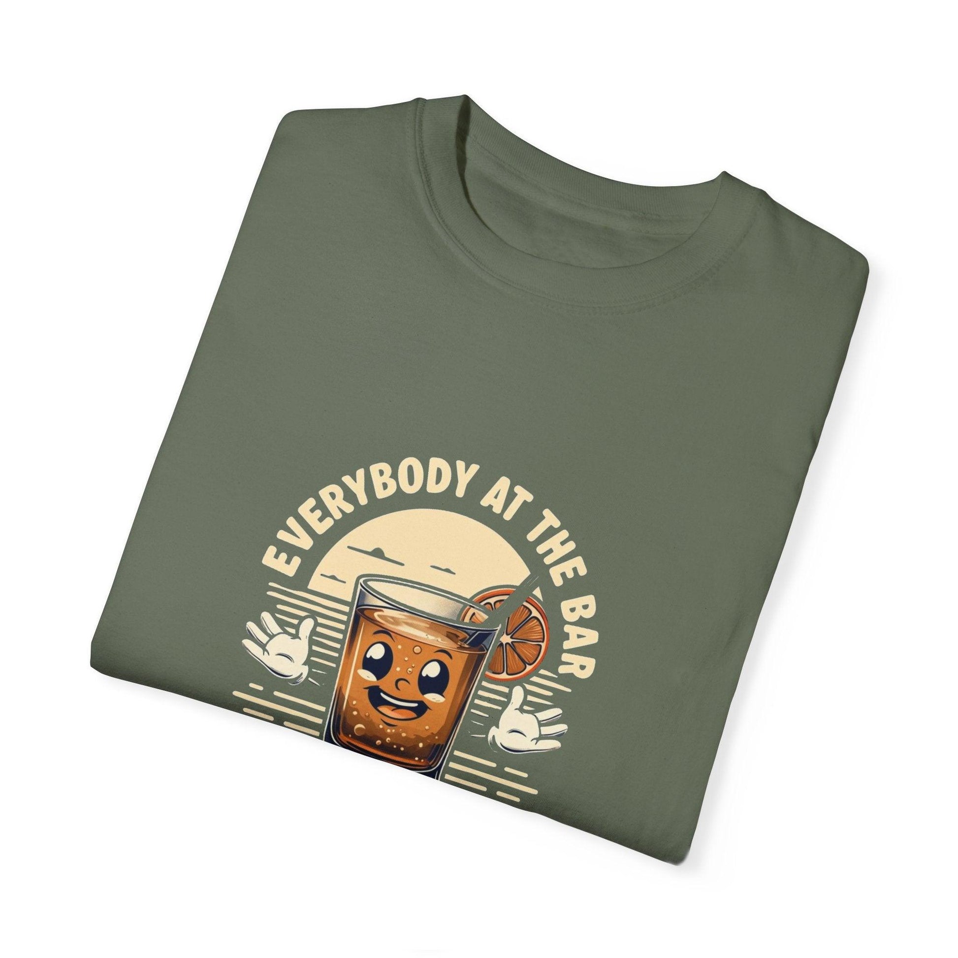 Everybody at the Bar Gettin Tipsy Unisex Garment-Dyed T-Shirt with whiskey glass graphic on folded tee