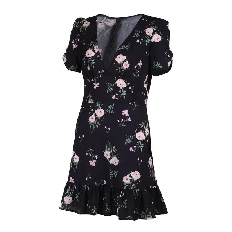 Boho Floral Summer Dress featuring a black base with pink floral pattern, short sleeves, and a ruffled hem for elegant summer style.