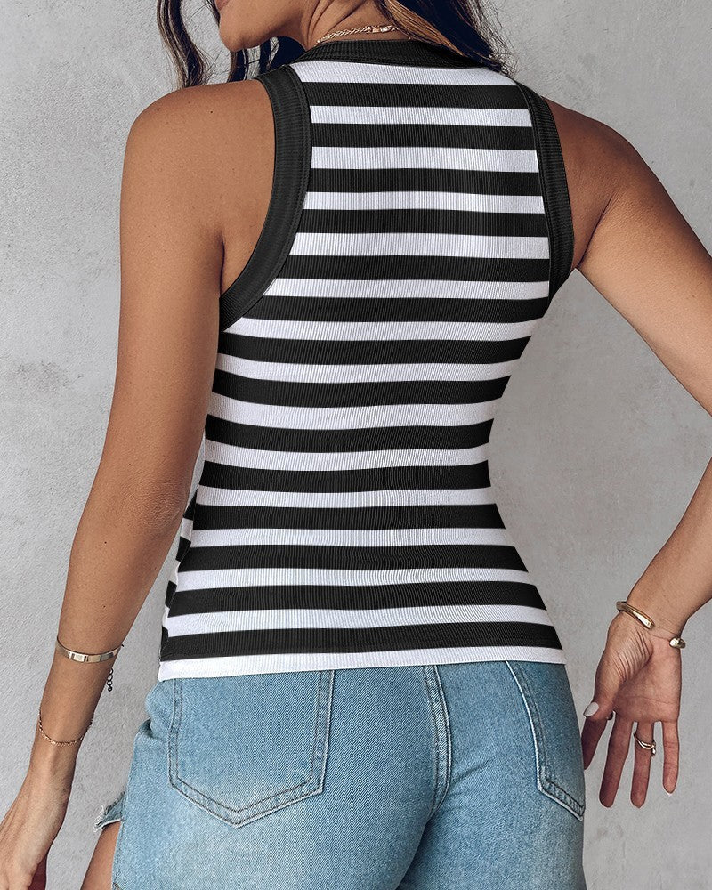 Back view of Women's Slim Striped Vest with Bralette – Chic Sleeveless Tank Top in black and white stripes.