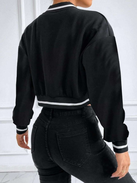 Back view of Women's Printed Baseball Collar Jacket – Casual Streetwear, featuring a black design with white stripes.