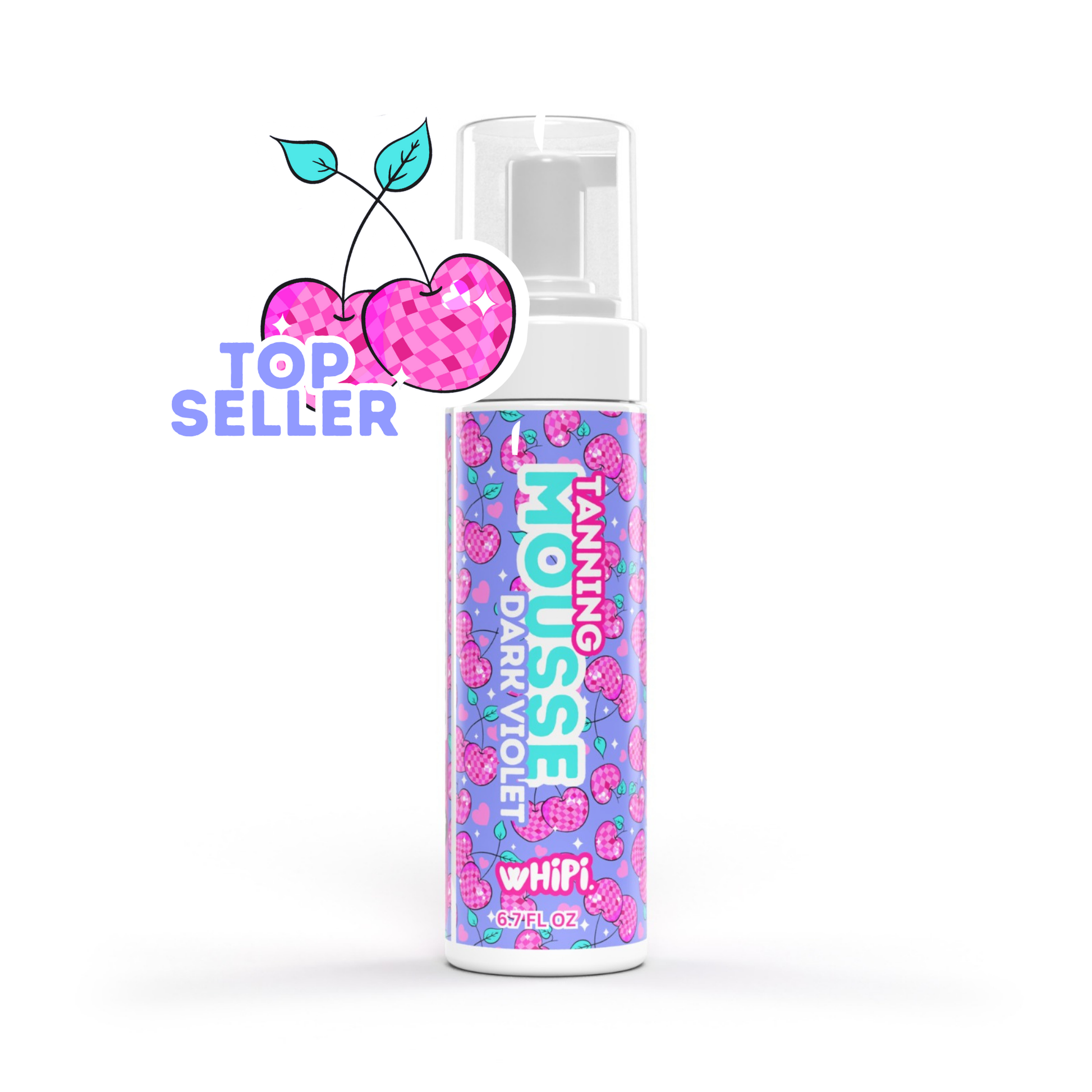 Dark Violet Tanning Mousse bottle with top seller badge and cherries design on packaging