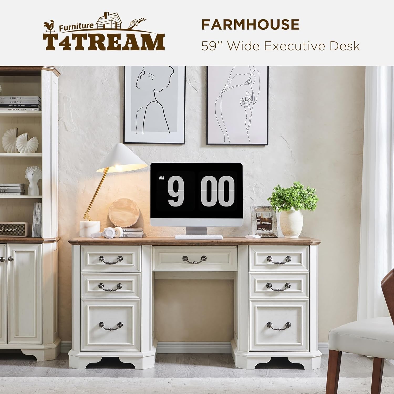 59 Victorian Farmhouse Executive Desk Antique White in a home office setting with elegant design and ample workspace.