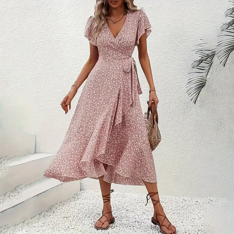 Summer Floral Boho Dress - Short Sleeve Ruffle Flowy Maxi Dresses