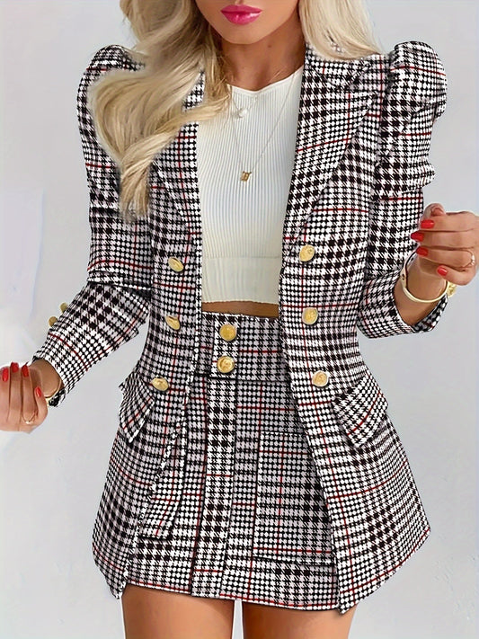 Plus Size Plaid Skirt Suit for Women – Two-Piece Blazer and High Waist Skirt Set with tailored fit and elegant design