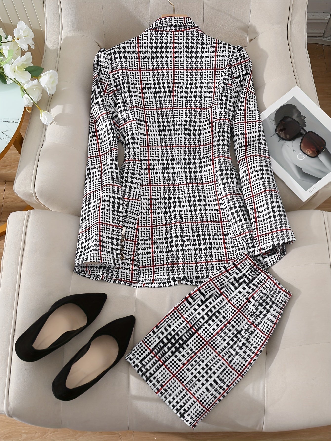 Plus Size Plaid Skirt Suit for Women – Two-Piece Blazer and High Waist Skirt Set displayed on a chair with shoes and sunglasses
