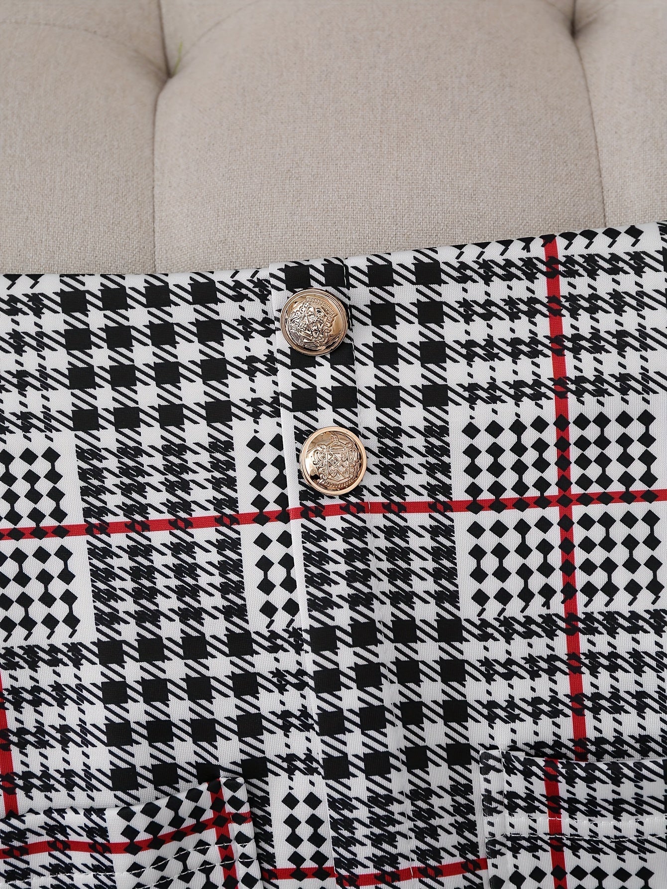 Close-up of Plus Size Plaid Skirt Suit for Women – Two-Piece Blazer and High Waist Skirt Set showcasing buttons and fabric details