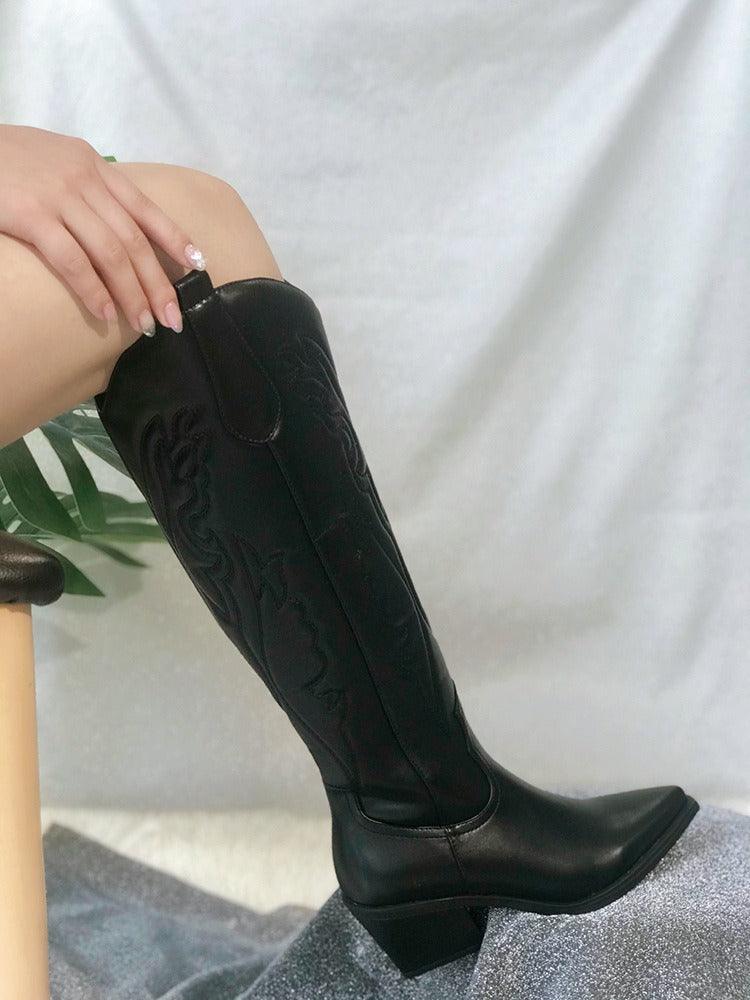 Western Chic Cowboy Boots | Stylish Chunky Heel Knee High Boots for Cowgirls with pointed toe and bold stitching.
