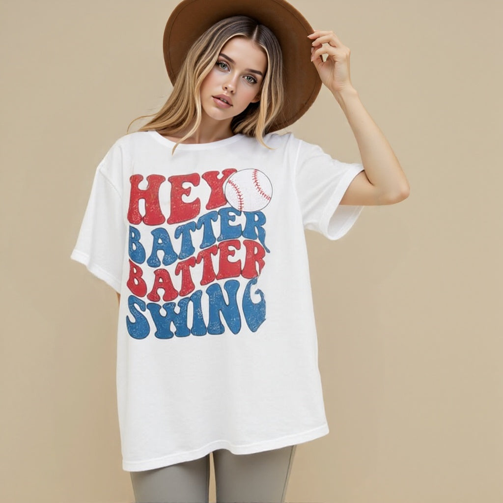 Baseball Mom Oversized Shirt – “Hey Batter Batter” Graphic Tee