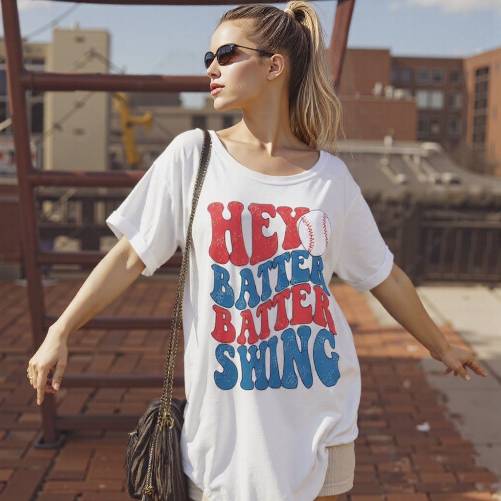Baseball Mom Oversized Shirt – “Hey Batter Batter” Graphic Tee