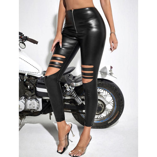 High Waist Leather Pants with Knee Cutouts | Country & Rock Style for Bar & Party Wear showcasing bold and edgy fashion.