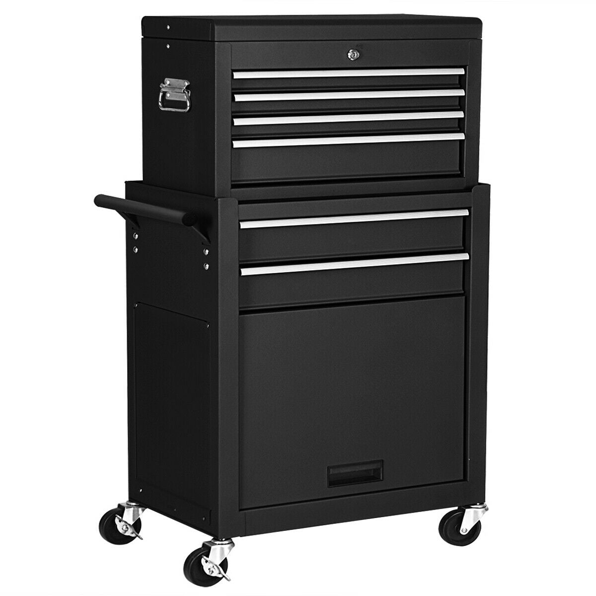 Rolling Cabinet Storage Chest Box Garage Toolbox-Black with lockable drawers, universal wheels and sturdy steel construction.