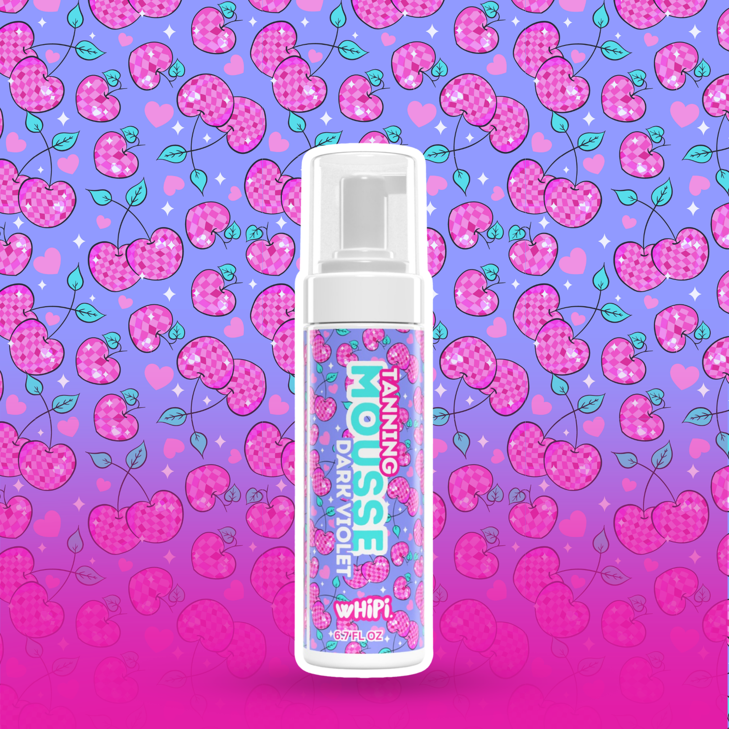 Dark Violet Tanning Mousse with vibrant cherry design for a deep Mediterranean tan glow
