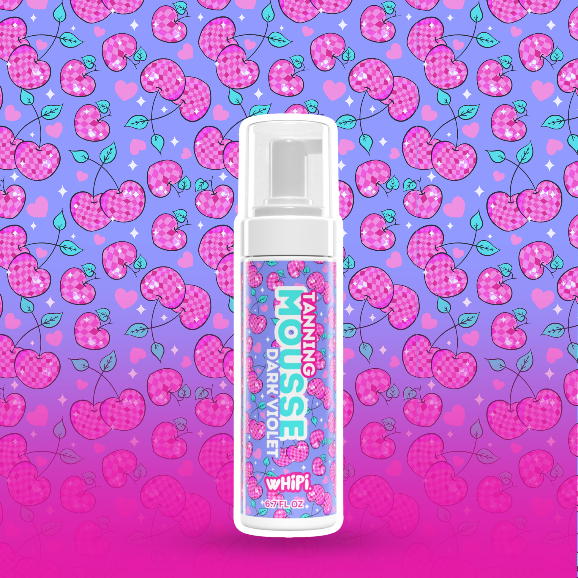 Dark Violet Tanning Mousse with vibrant cherry design for a deep Mediterranean tan glow