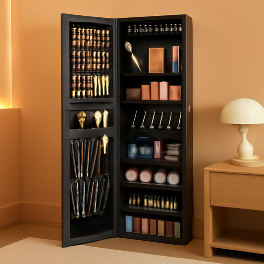 Mirror Jewelry Cabinet Armoire Wall Mounted Lockable with open shelves displaying cosmetics and accessories against a peach wall.