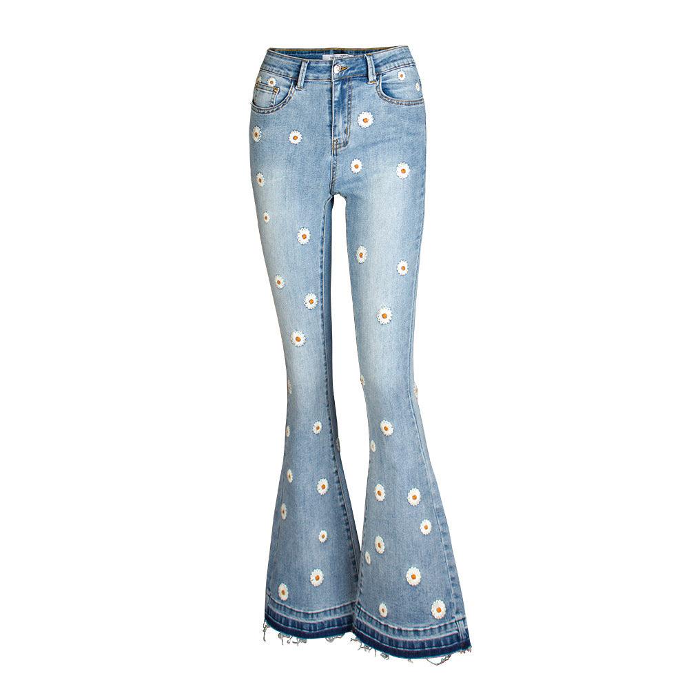 Daisy Bloom Wide Leg Jeans with retro flair and 3D daisy detailing, stretch denim for a slimming fit.