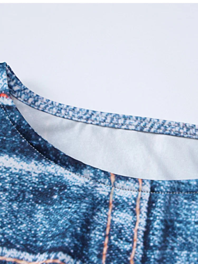 Denim Illusion Long Sleeve Top – Comfortable & Stylish Cowgirl Wear, close-up of neckline detail in denim-inspired print.