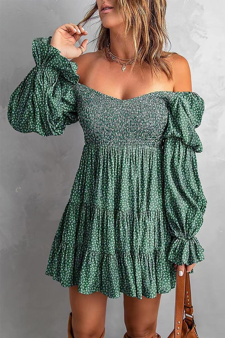 Women wearing green Flirty Puff Sleeve A-Line Dress | Spring & Summer Strapless Dress