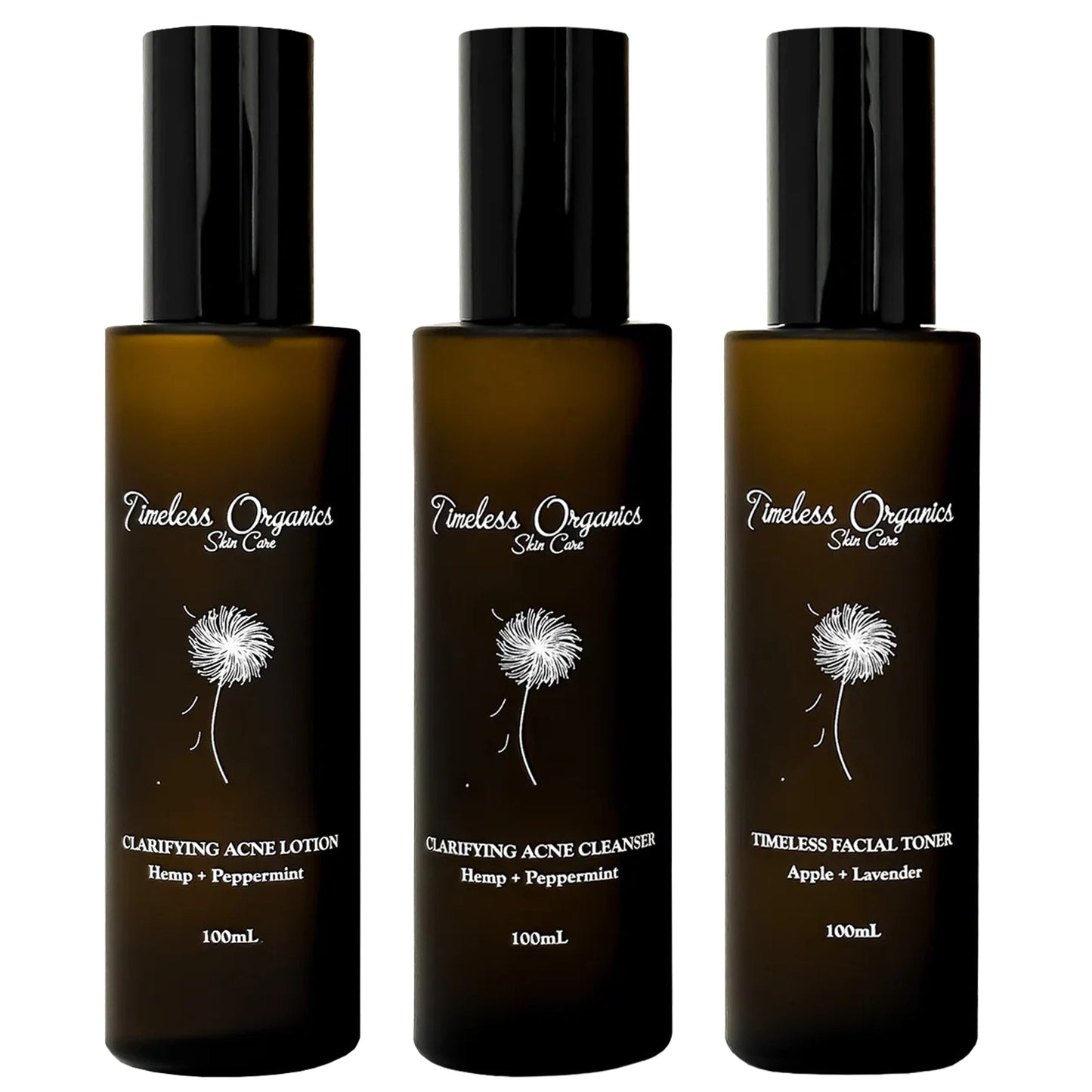 3-Step Acne System featuring Timeless Organics products for natural acne care, including cleanser, toner, and lotion in amber bottles.