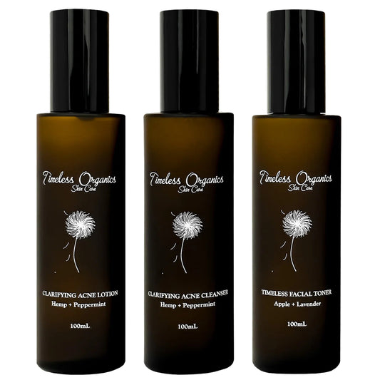 3-Step Acne System featuring Timeless Organics products for natural acne care, including cleanser, toner, and lotion in amber bottles.