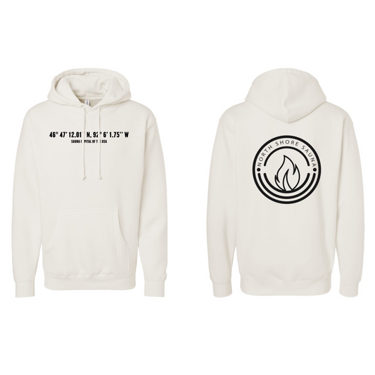 Cream Bone Sauna Capital Hoodie front and back view with minimal design and text
