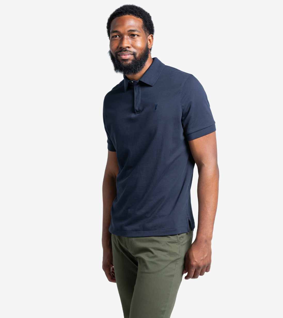Model wearing navy Short Sleeve Perfect Polo with StaySharp™ Collar and tailored comfort fit