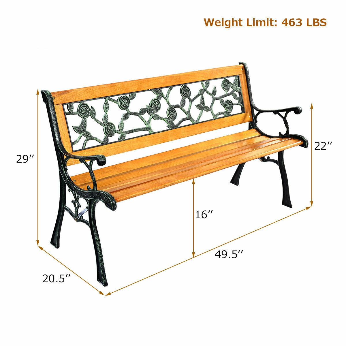 49 1/2 Inch Patio Park Garden Porch Chair Bench with iron cast structure, wood seat, PVC backrest, dimensions 49.5x20.5x29 inches.