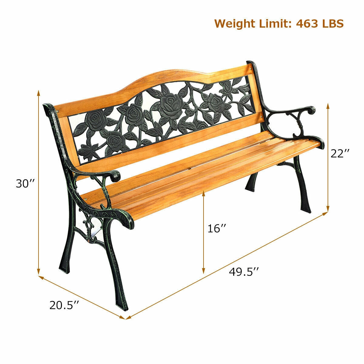 Garden Bench Chair Outdoor Wooden Loveseat with Iron Armrest, dimensions 49.5" x 20.5" x 30", weight limit 463 lbs
