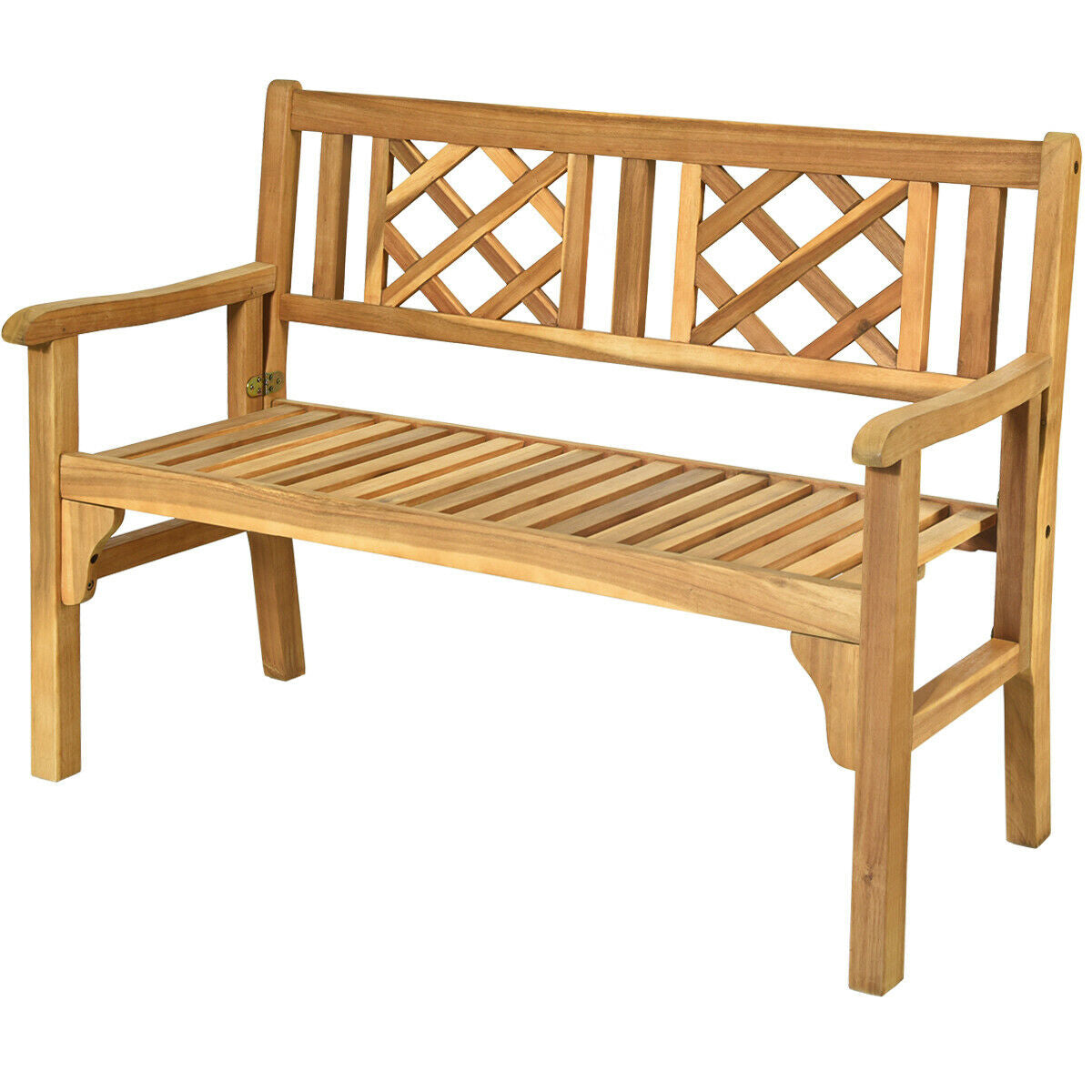 Patio Foldable Bench with Curved Backrest and Armrest made of acacia wood, perfect for garden or backyard seating.