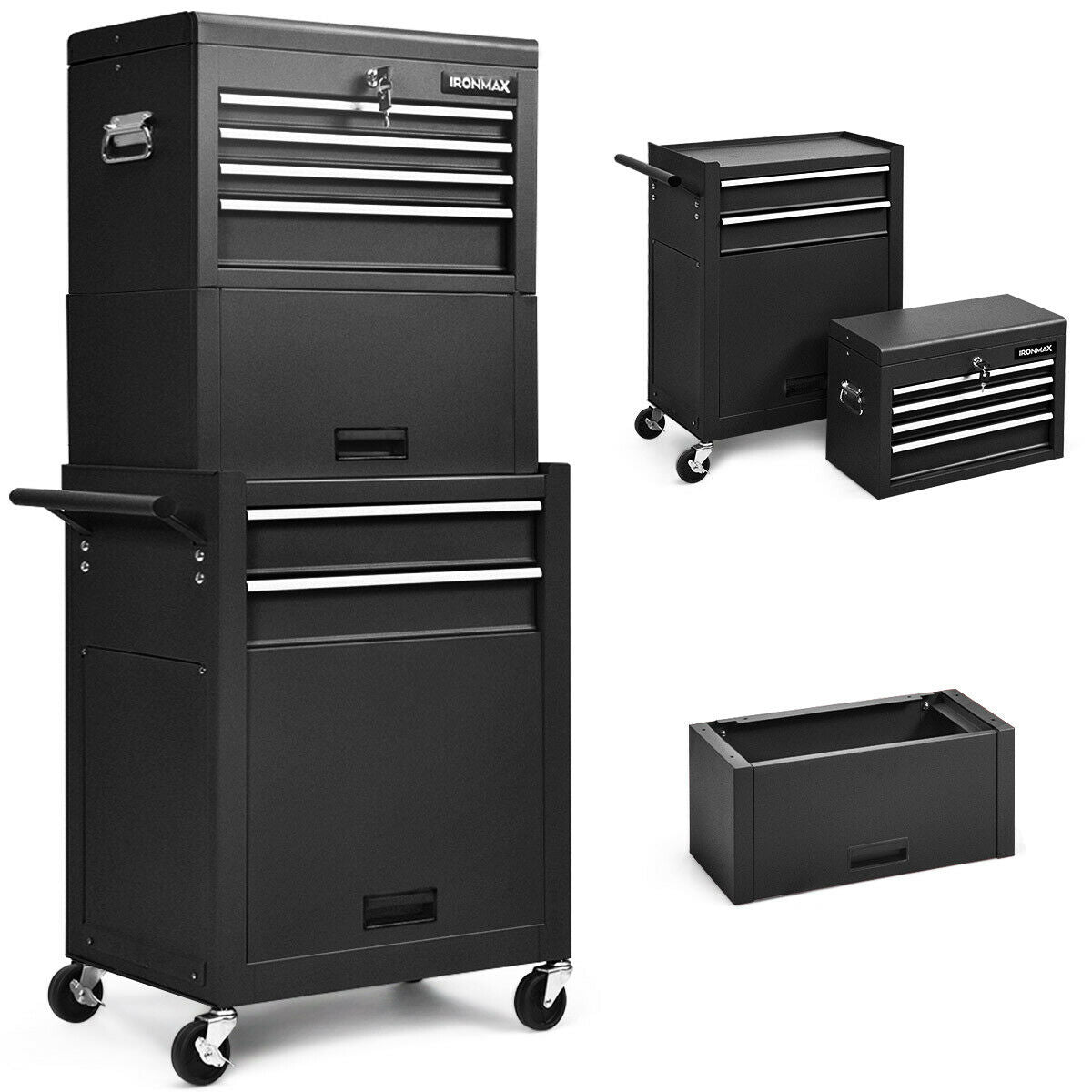 6-Drawer Tool Chest with Heightening Cabinet-Black featuring lockable and portable top box, ample storage, and heightening cabinet