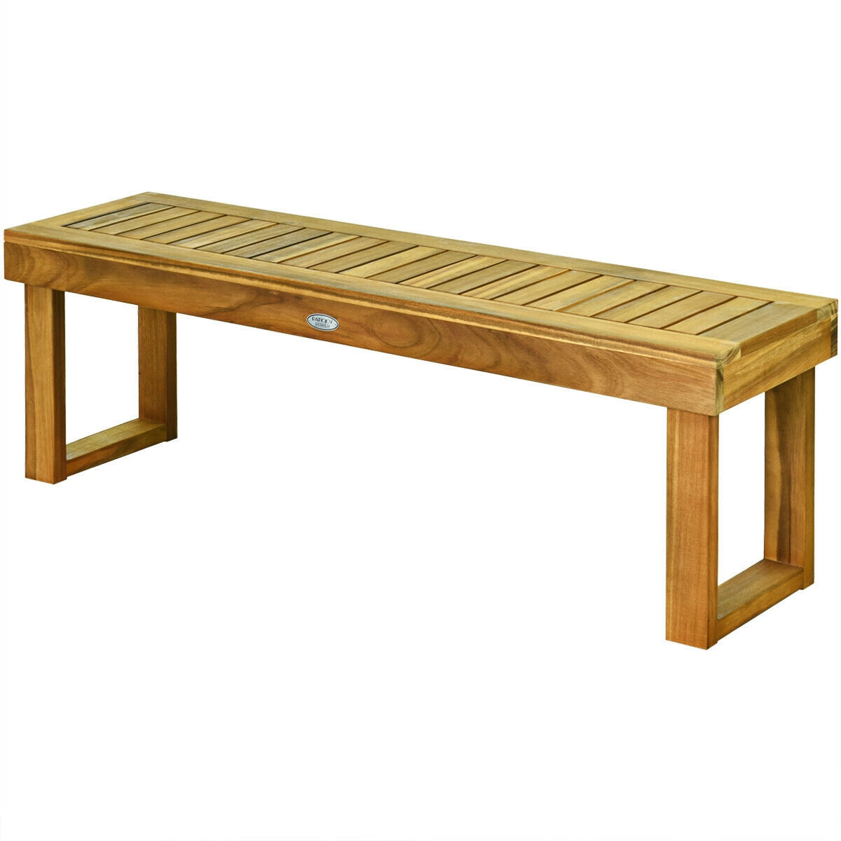 52 Inch Acacia Wood Dining Bench with Slatted Seat, durable and waterproof, ideal for patio use.