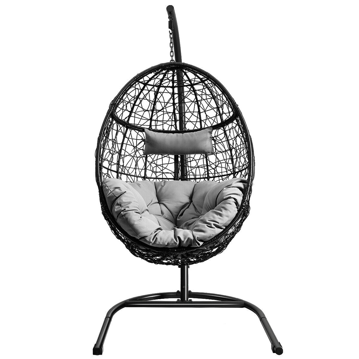 Hanging Cushioned Hammock Chair with Stand -Gray, featuring a rugged frame, pillow, cushion, and non-slip pads for stability.