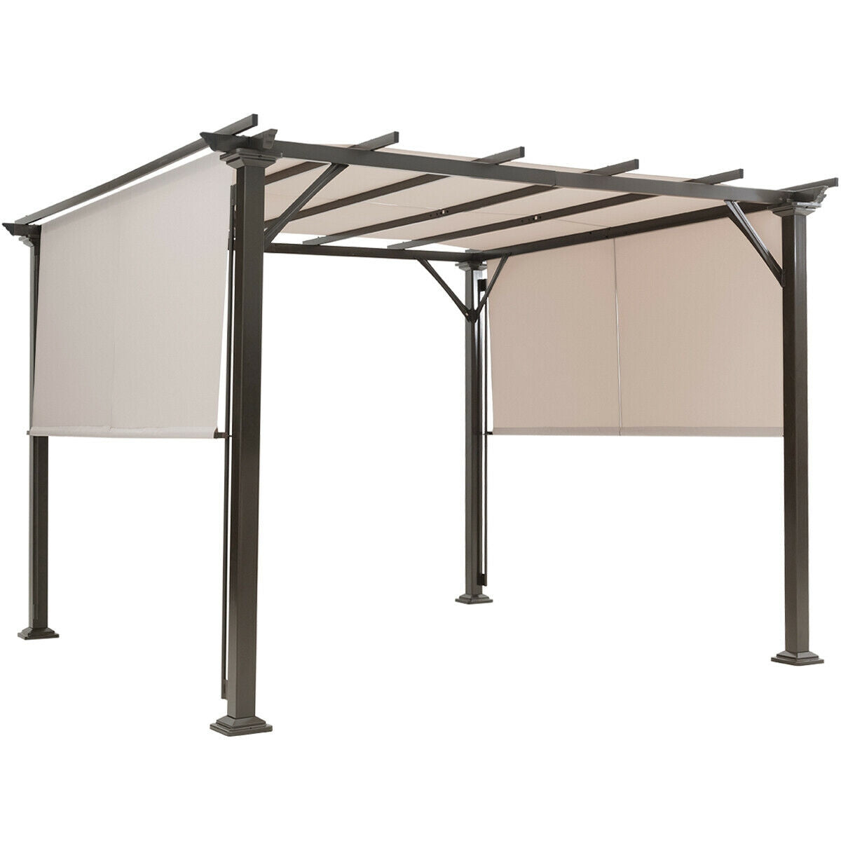 10 x 10 Feet Metal Frame Patio Furniture Shelter-Beige with waterproof canopy and adjustable sides, ideal for outdoor use.