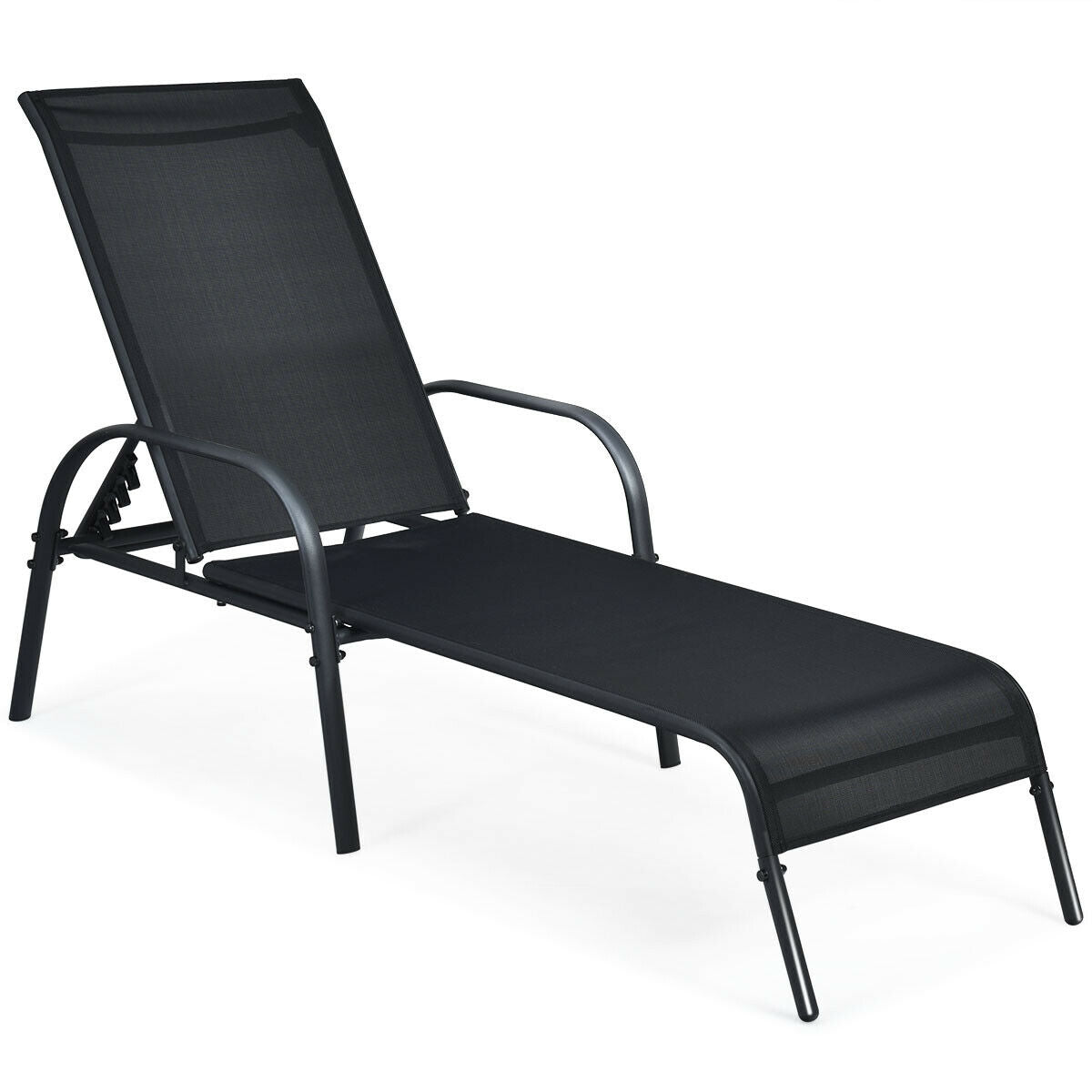 Adjustable Patio Chaise Folding Lounge Chair with Backrest-Black featuring sun-proof fabric and powder-coated frame for durability