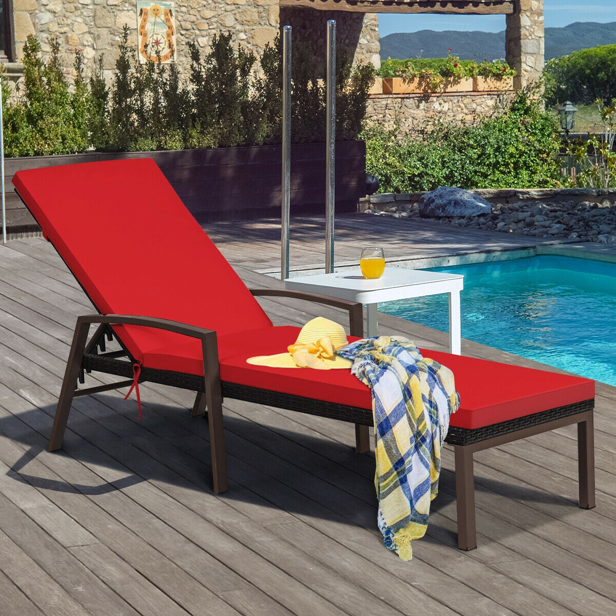Patio Rattan Lounge Chaise Recliner with Back Adjustable Cushioned-Red by a poolside, featuring sturdy steel frame and red cushion.