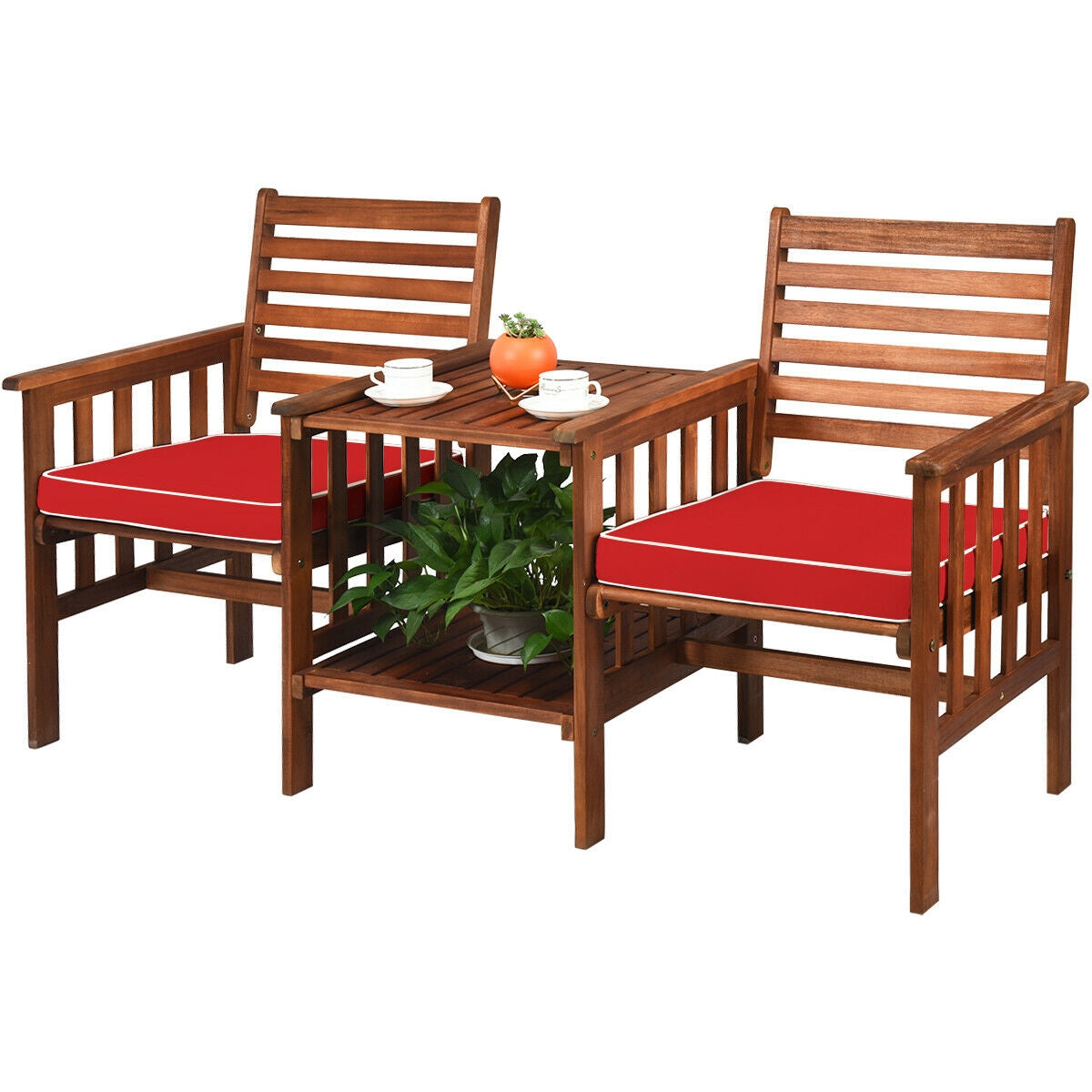3 pcs Outdoor Patio Table Chairs Set Acacia Wood Loveseat-Red with coffee table and plush red cushions for garden relaxation.