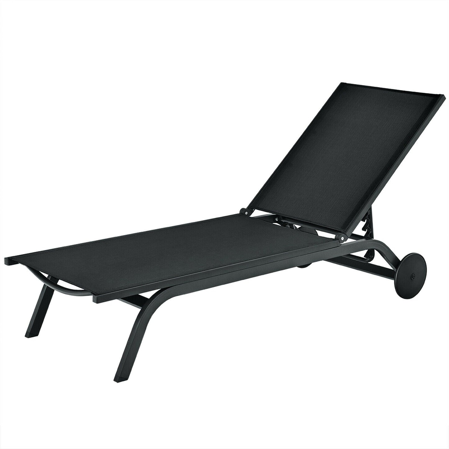 Aluminum Fabric Outdoor Patio Lounge Chair with Adjustable Reclining -Black featuring adjustable backrest and wheels