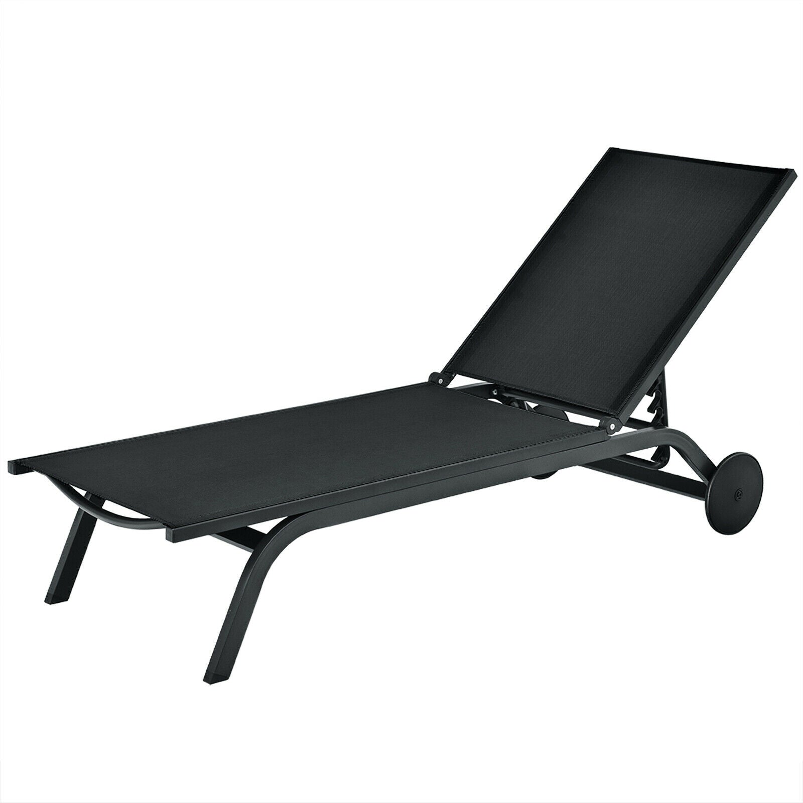 Aluminum Fabric Outdoor Patio Lounge Chair with Adjustable Reclining -Black featuring adjustable backrest and wheels