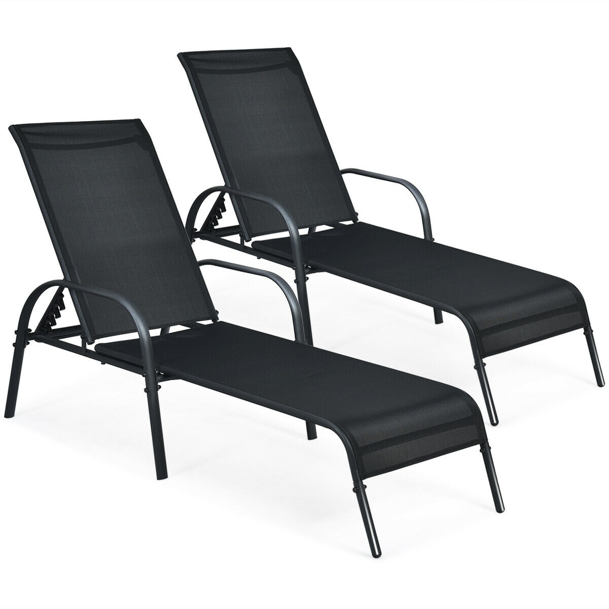2 Pcs Outdoor Patio Lounge Chair Chaise Fabric with Adjustable Reclining Armrest in black on white background