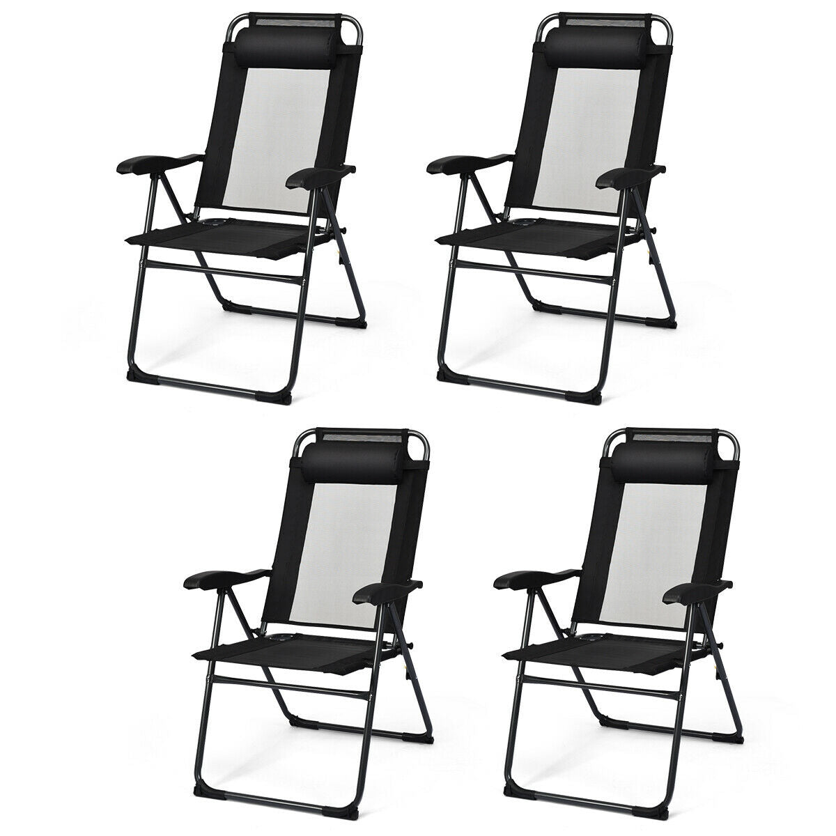 4 Pieces Patio Garden Adjustable Reclining Folding Chairs with Headrest-Black set of four displayed on white background.