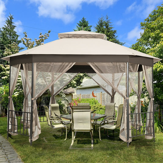 10’x 12’ Octagonal Patio Gazebo-Beige with outdoor furniture set in garden setting