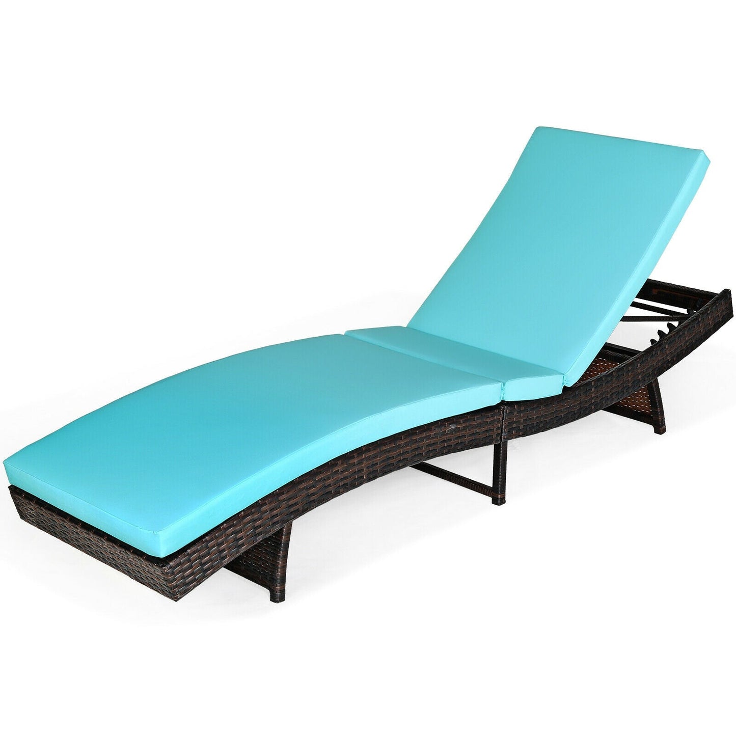 Patio Folding Adjustable Rattan Chaise Lounge Chair with Cushion-Turquoise, ergonomic design, thick cushion, turquoise color