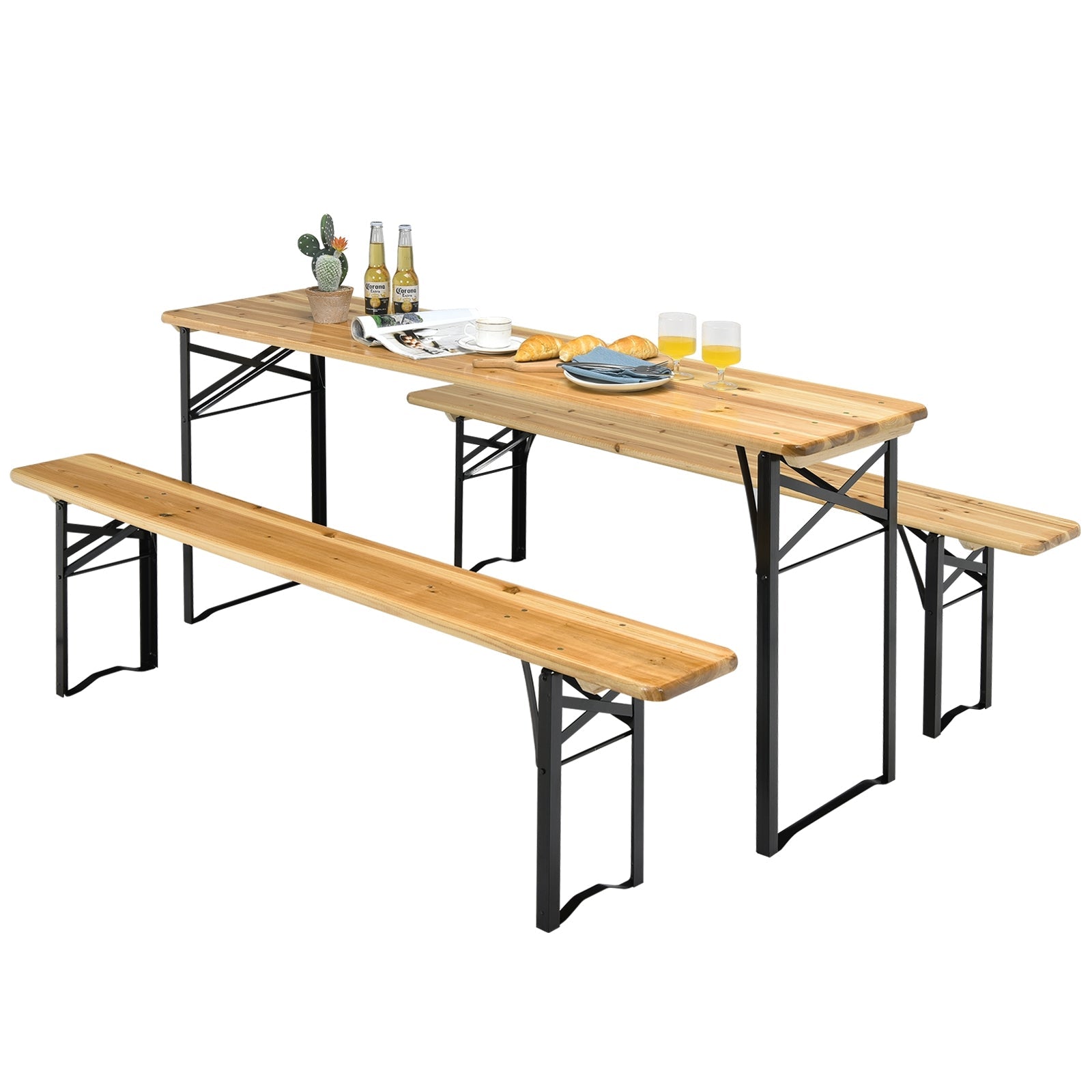 3 Pieces Folding Wooden Picnic Table Bench Set with solid fir and steel frame, rustic wood grain, waterproof surface for indoor/outdoor use