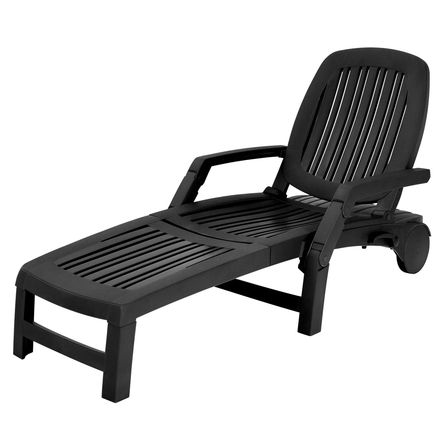 Adjustable Patio Sun Lounger with Weather Resistant Wheels-Black, featuring a foldable design and adjustable backrest for outdoor relaxation.