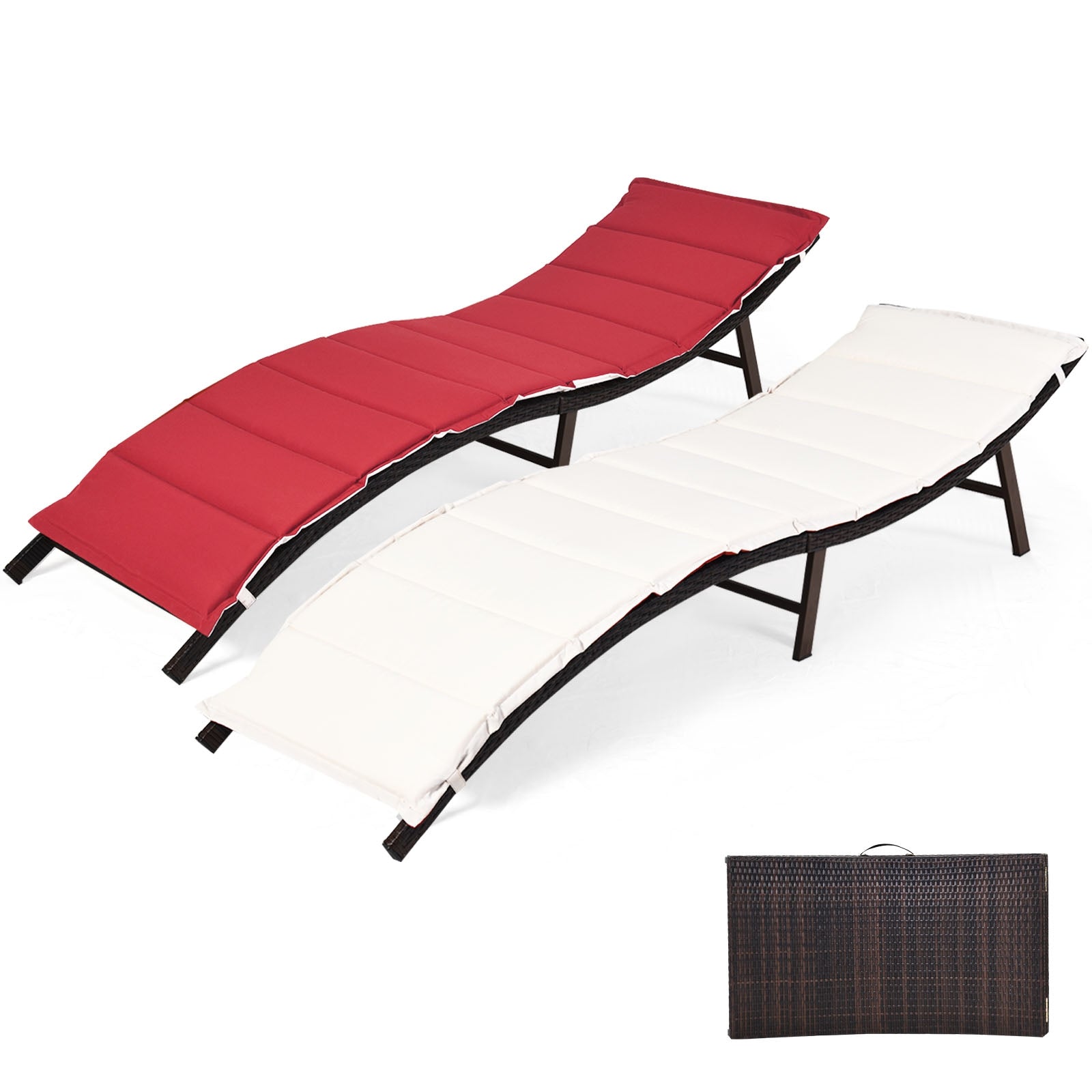 2Pcs Folding Patio Lounger Chair with red and white cushions, steel frame, hand-woven wicker, and carrying bag for easy storage.