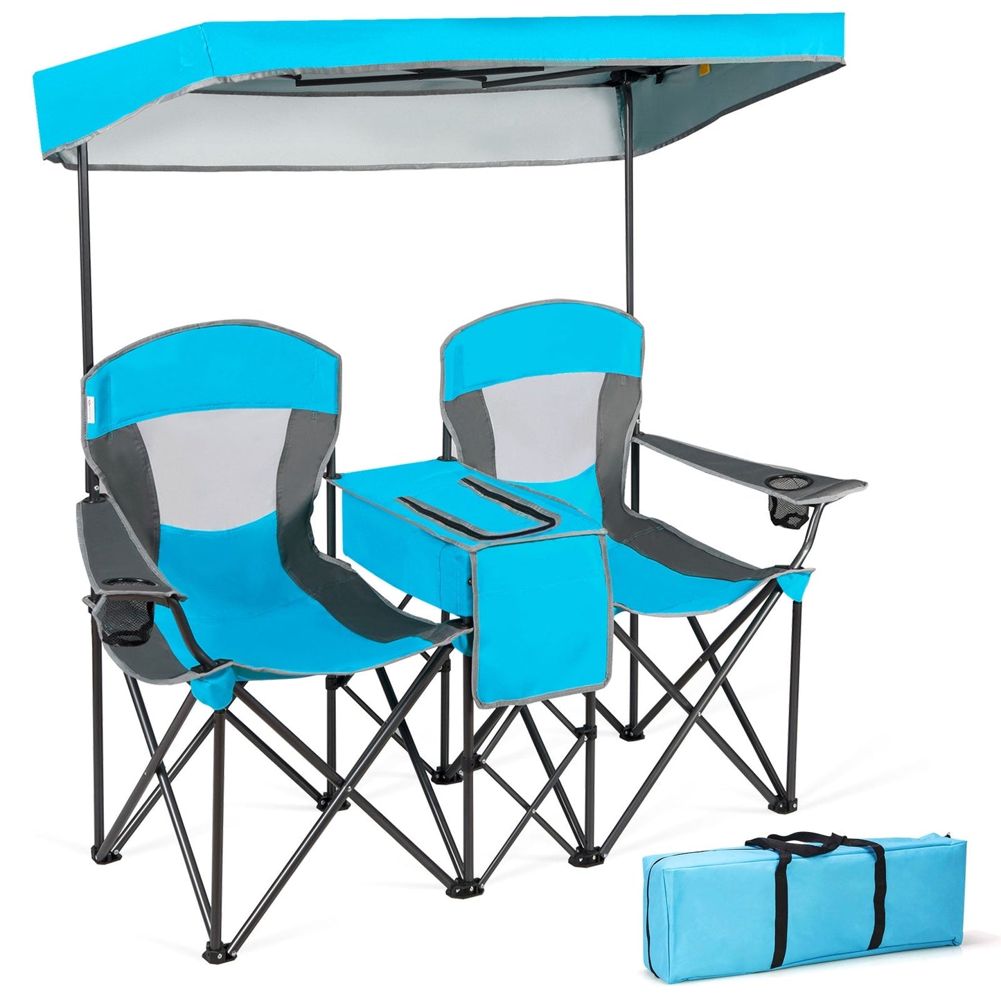 Portable Folding Camping Canopy Chairs with Cup Holder-Blue featuring adjustable canopy, cooler bag, cup holder, and carrying bag