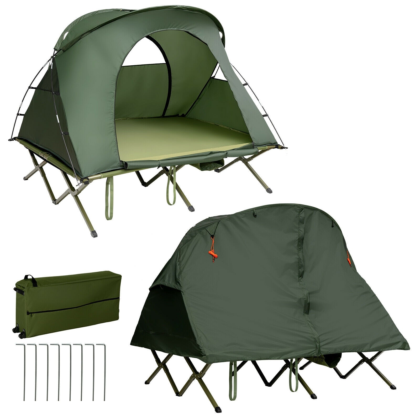 2-Person Outdoor Camping Tent with External Cover-Green showing setup with cot and external cover