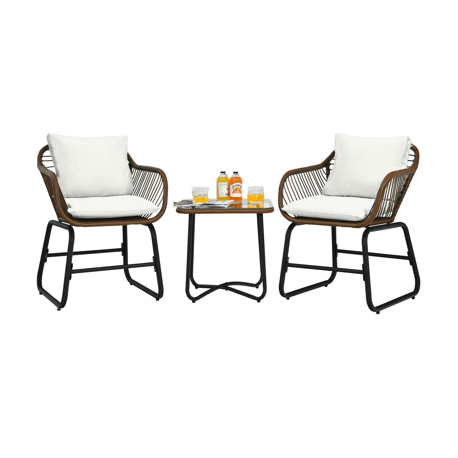 3 Pieces Patio Rattan Bistro Set Cushioned Chair Glass Table Deck-White with armchairs and table on patio setup