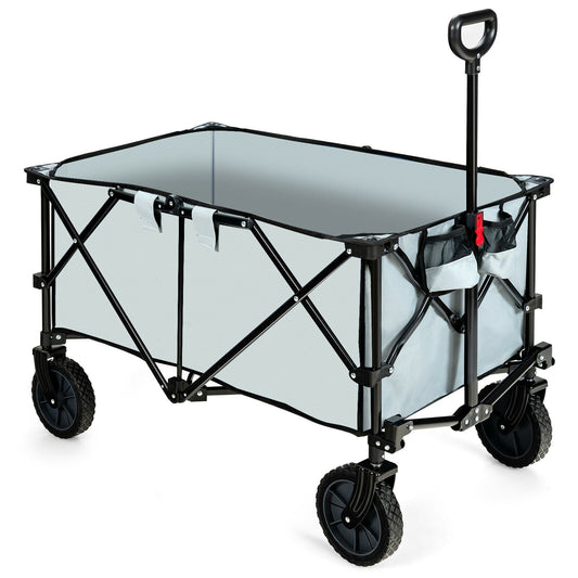 Outdoor Folding Wagon Cart with Adjustable Handle and Universal Wheels-Gray, showing wear-resistant fabric and reinforced steel frame.